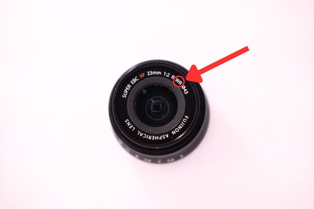 Fujifilm XF23mmF2 lens with weather resistance label