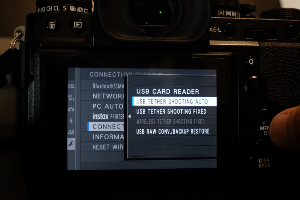 selecting USB tether shooting auto mode on Fujifilm camera for webcam connection